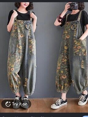 Floral Denim Hippie Overalls Baggy Barrel Leg Boho Harem Blue Jumpsuit M NWT
